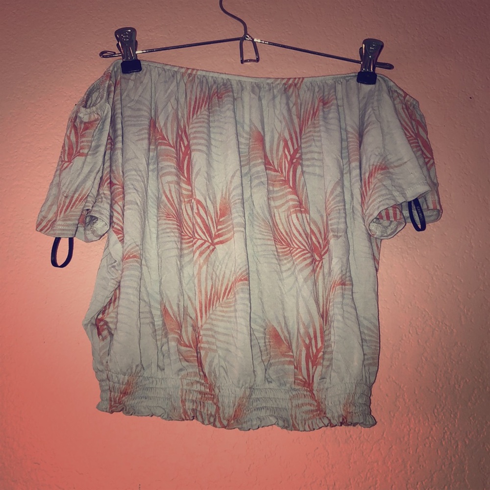 off the shoulder tropical printed shirt